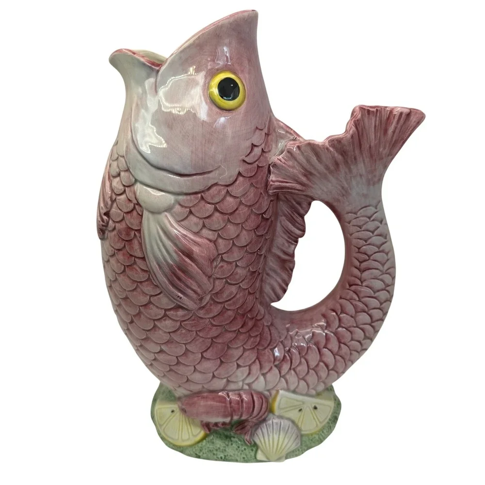 Vintage Fitz & Floyd Pink Fish‎ Pitcher Ceramic Seafood Nautical Large 10
